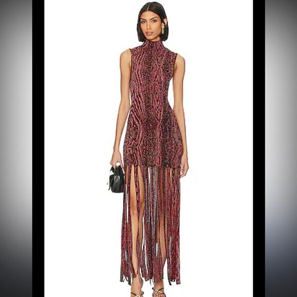 Misa Josephine Dress Pomegranate Knit Car Wash Fringe High Neck Maxi Size S NWT - Picture 1 of 7